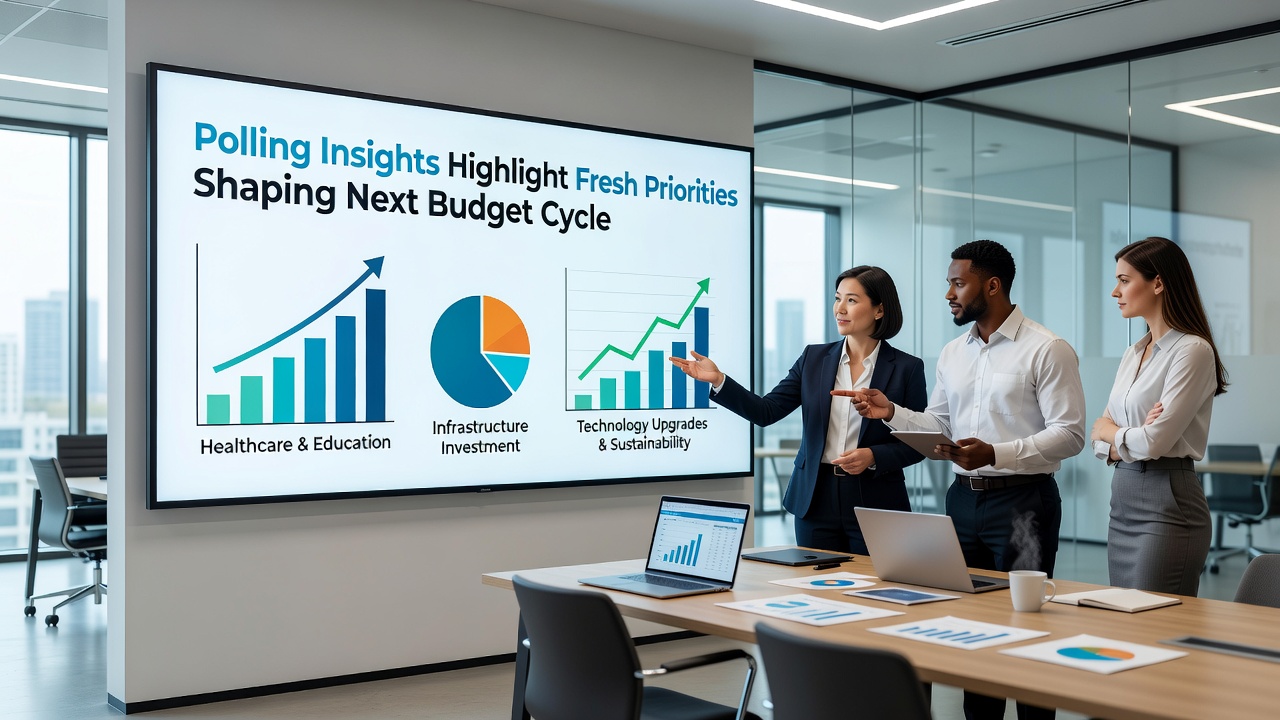 Analysts examining charts of polling results on budget priorities during a data review meeting